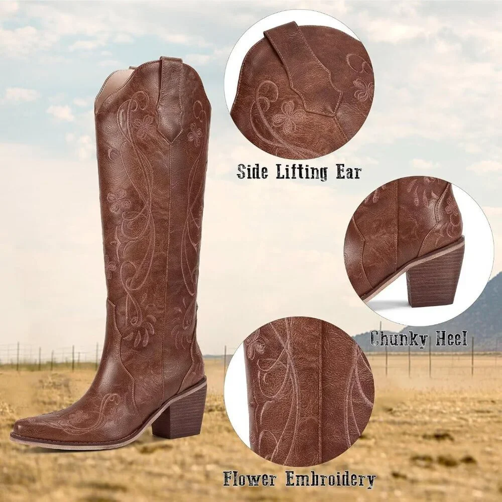 Women Caramel Reddish Brown Knee High Cowgirl Boots, Western Boots with Pointed